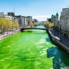 River in city dyed green in celebration of Irish culture for St. Patrick's Day
