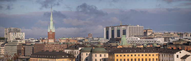 Panorama, downtown with churches and office skyscrapers, the island Riddarholmen with court houses, an autumn day in Stockholm