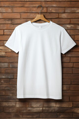 White Oversized Blank T-shirt on Hanger And Brickwall Background	
