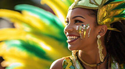 Beautiful carnival dancer close up portrait. Brazilian folk festival, costumes with colorful...
