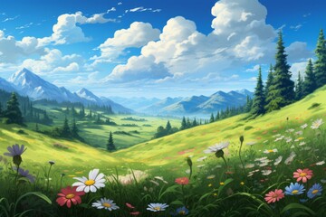 meadow with flowers and trees - 677765287