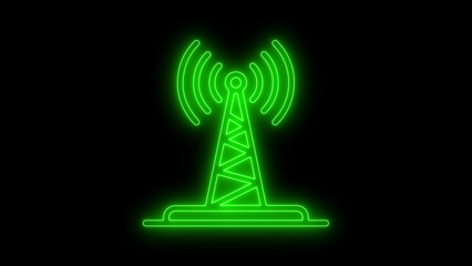 neon glowing mobile, computer, tower network icon on black background.