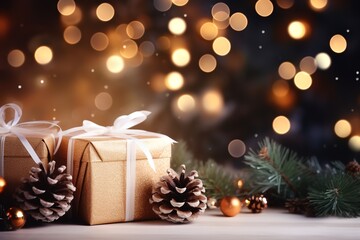 christmas or new year background gift boxes and pine cones and branches 