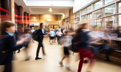 School pupils rushing through the corridors of a modern school, motion blur - obrazy, fototapety, plakaty