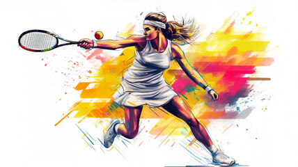 Cartoon of an athlete female tennis player at a match sport tournament event competition, exemplifying athleticism and competitive spirit, computer Generative AI stock illustration image 
