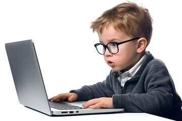 Small kid boy looking at laptop screen  isolated on white background. Studying, distance education concept