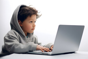 Small kid boy looking at laptop screen  isolated on white background. Studying, distance education concept