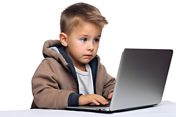 Small kid boy looking at laptop screen  isolated on white background. Studying, distance education concept