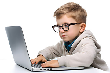Small kid boy looking at laptop screen  isolated on white background. Studying, distance education concept