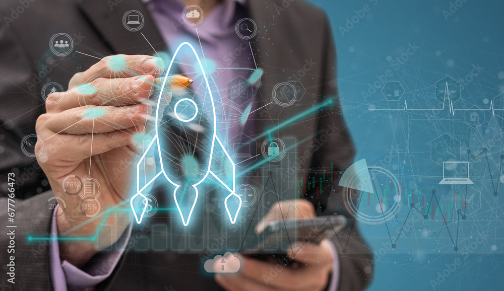 Poster hand of man in white shirt with smartphone over blue background with double exposure of startup hud 