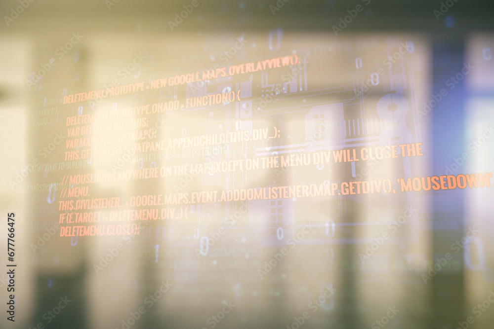 Poster multi exposure of abstract graphic coding sketch on modern interior background, big data and network