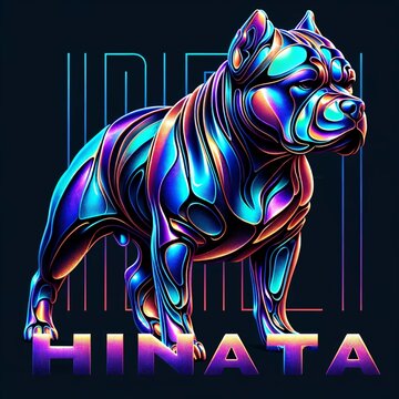 The image features a 3D representation of an American Bully dog name Hinata with a holographic effect. The dog exhibits iridescent colors that shift and shimmer in various hues