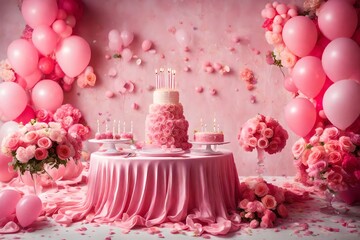 pink wall abstract background decorated with pink cake and multicolor balloons at the pink wall for decoration 
balloons celebration decoration with multicolor balloons and cake design 