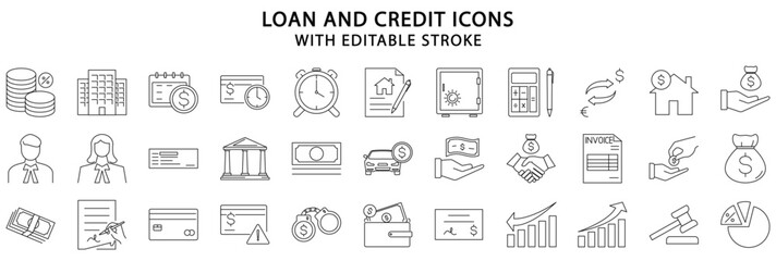 Loan and credit icons. Loan and credit icon set. Loan and credit line icons. Vector illustration. Editable stroke.