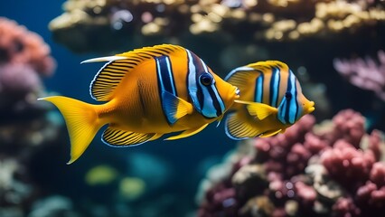 Fototapeta na wymiar yellow tang fish Colorful tropical fish swimming over coral reef with blue sea background. 