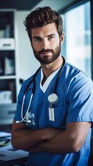 Portrait of confident male doctor standing with arms crossed in medical office
