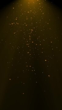 golden glitter particles and shining stars falling and light flare, new year and christmas, vertical social media 4k motion background template