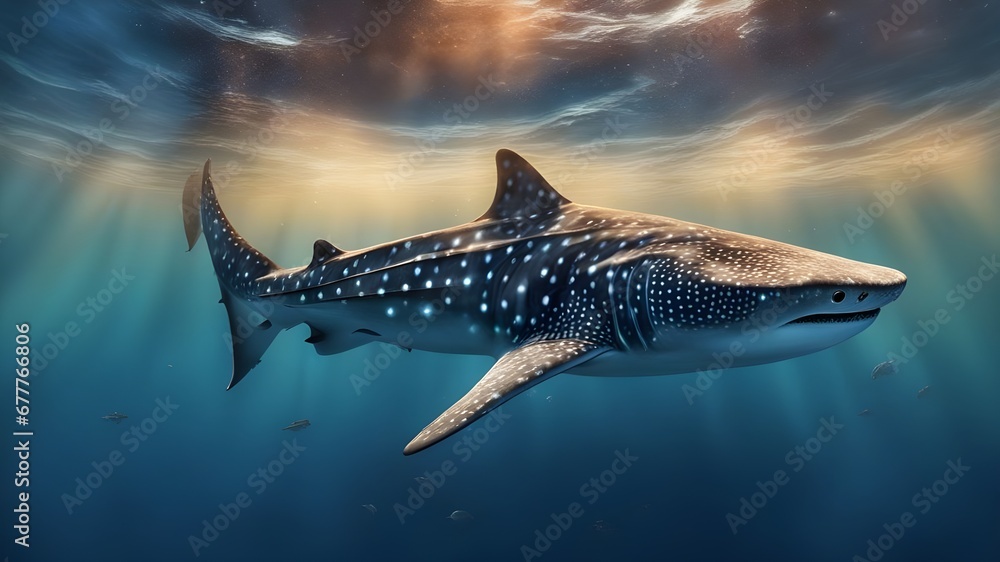 Wall mural shark in the ocean Large whale shark in a deep blue ocean. 