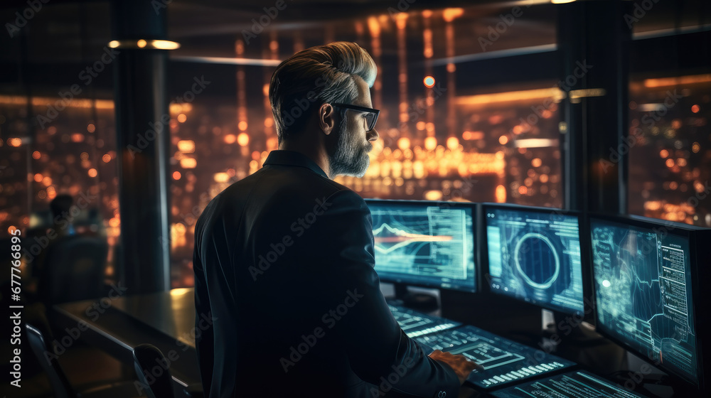 Poster mature businessman is analyzing data on big computer monitors in infrastructure control room.