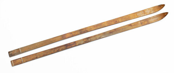old wooden skis isolated on white background