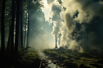The smoke produced by the factory is absorbed by the woods.