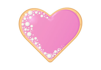 Sweet heart shaped cookie with pink royal icing and white pearl sprinkles. Dessert for birthday, wedding, anniversary, baby shower, valentine's day celebration