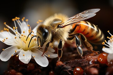 Close-up of a honeybee collecting pollen on a white flower with vivid detail and natural background