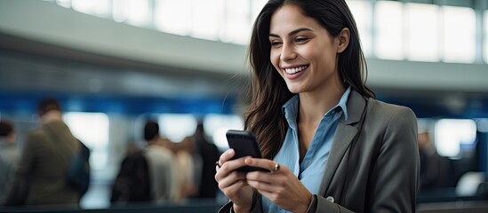A businesswoman with a white smile holding her blue smartphone looked happy as she interacted with people while waiting at the airport ready to travel the world on the airplane - obrazy, fototapety, plakaty
