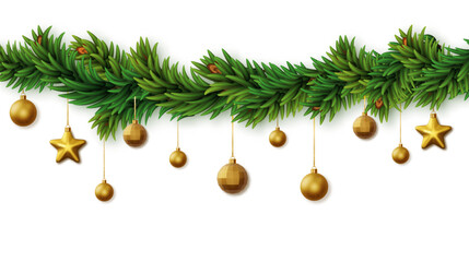 Christmas horizontal garland with fir branches, and gold Christmas toys isolated on transparent background. PNG