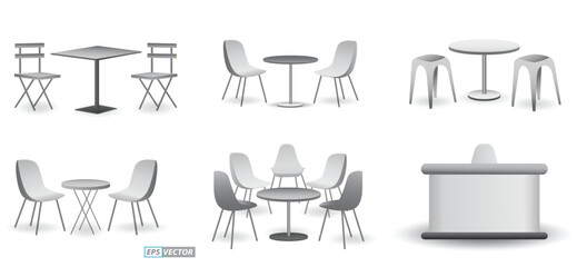 set of realistic trade exhibition chair and table or white blank exhibition kiosk or stand booth corporate commercial. 3D Render