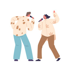 Man And A Woman Characters Harmoniously Sing Karaoke, Their Voices Blending In Musical Unity, Vector Illustration