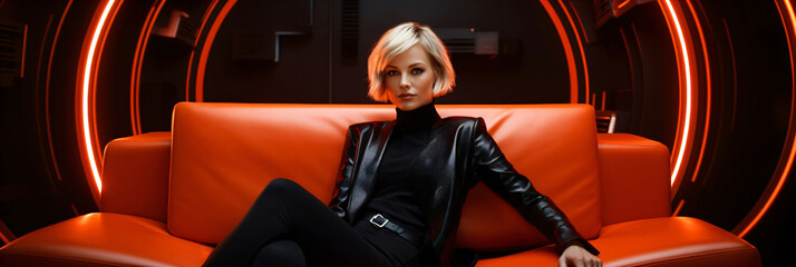 blonde woman in leather clothes sitting on a modern sofa