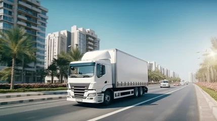 Keuken spatwand met foto Photo white truck drive on road on landscape city Sharjah. Online cargo delivery service, logistics or tracking app concept. © Анастасия Комарова