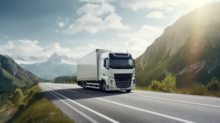 Photo white truck drive on road on stunning picturesque nature landscape. Online cargo delivery service, logistics or tracking app concept.