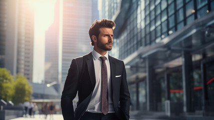 Naklejka premium Handsome young businessman with trimmed beard wearing black suit and white shirt, walking through the city with a determined look on his face.Glass office building and people blurred in the background