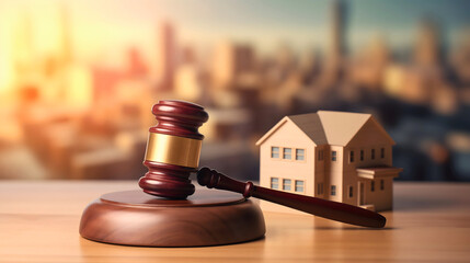 Close up photography of Judge's gavel on wooden table, with small house model next to it. Blurred city buildings in the background. Justice concept.