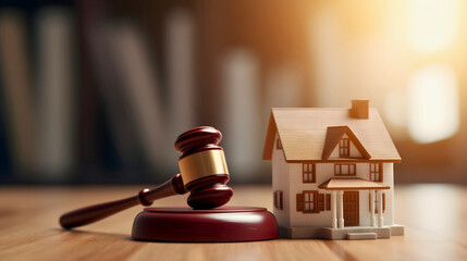 Close up photography of Judge's gavel on the floor, with small house model next to it. Blurred background, sun rays