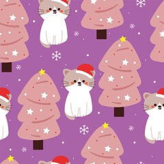 cute seamless pattern cartoon cat with tree in winter. cute animal wallpaper for gift wrap paper