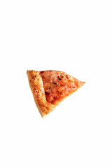 Flying food. One pizza margherita slice with cheese and basil leaves in levitation on white background isolated. Vertical