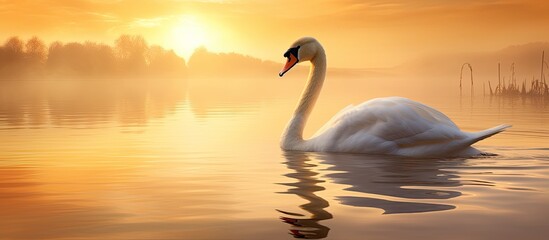 As the sun begins to rise casting a warm yellow hue across the tranquil lake the majestic white swan gracefully glides through the gentle waves showcasing the beauty of nature with its elega