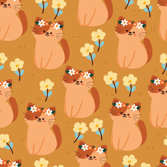 seamless pattern cartoon cat and flower. cute animal wallpaper for textile, gift wrap paper