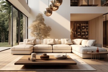 A living room with a sofa, Natural tones, Minimalist.