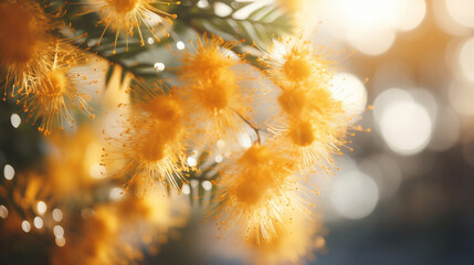 Blossoming of mimosa tree close up in spring, bright yellow flowers, golden wreath wattle