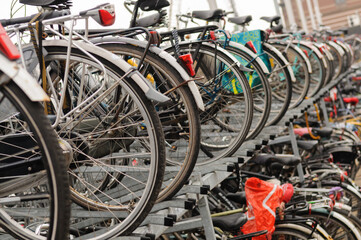 Lots of parked bicycles in Delft, The Netherlands