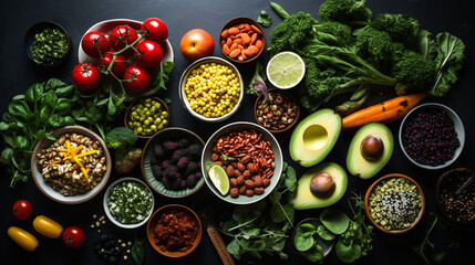 An assortment of healthy foods, red fish, brocolli, chickpeas and nuts and other diet foods