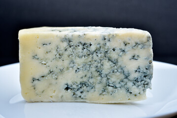 A piece of cheese with blue mold on a white plate. Delicious cheese.
