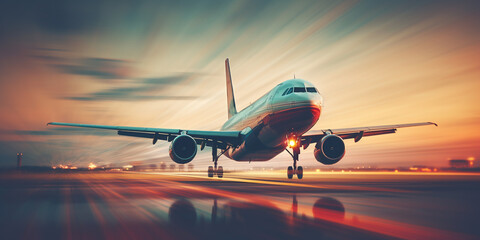 passenger plane blur during takeoff. ai generative - obrazy, fototapety, plakaty