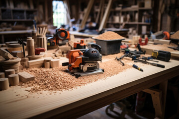 Fototapeta na wymiar Carpenter's work table, Wood shavings with a arranged set of tools and plenty of space for product.