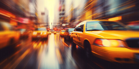 Fototapeta na wymiar yellow taxi driving through the city during rush hour blur. ai generative