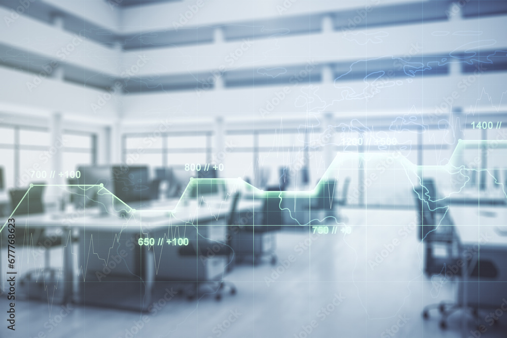 Poster multi exposure of stats data illustration on a modern furnished office background, computing and ana